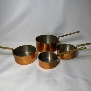 Vintage Copper Measuring Cup Set 4 Piece Brass Handle Stainless Lining Korea